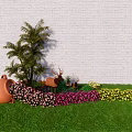 Lush Flowering Shrubs With Clay Pot Deer Statues And Colorful Blooms On Green Grass Lawn