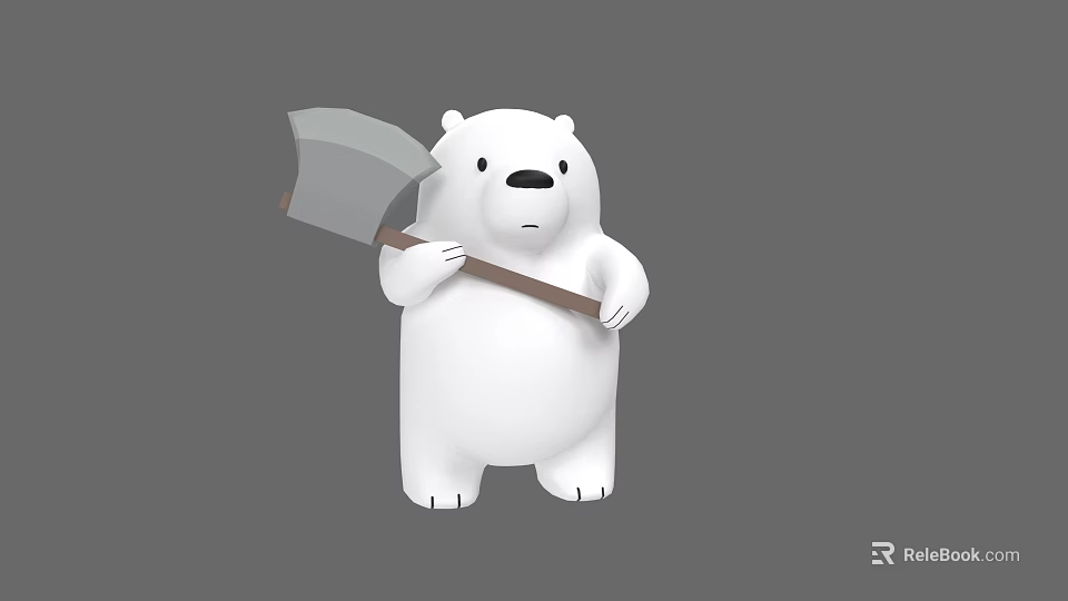 White Cartoon Bear Holding Axe With Sad Expression Against Gray Background 3d model 
