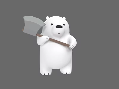 White Cartoon Bear Holding Axe With Sad Expression Against Gray Background 3d model