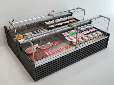 Commercial Refrigerated Display Case With Fresh Meat Sliced Products Packaged Foods And Glass Cover 3d model