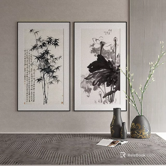 Traditional Ink Paintings With Bamboo And Lotus Artwork Home Interior Decor With Vases And Plants 3d model 