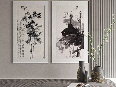 Traditional Ink Paintings With Bamboo And Lotus Artwork Home Interior Decor With Vases And Plants 3d model