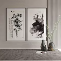 Traditional Ink Paintings With Bamboo And Lotus Artwork Home Interior Decor With Vases And Plants