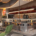 Industrial Style Restaurant Interior With Brick Wall Neon Sign Green Chairs Plants And String Lights