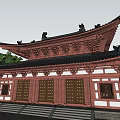 Ancient Chinese Architecture With Traditional Overhanging Roof Red Pillars And Wooden Doors