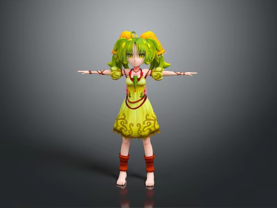 Woman With Green Hair In Yellow Dress And Red Decorations Arms Outstretched Standing Pose 3d model