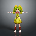 Woman With Green Hair In Yellow Dress And Red Decorations Arms Outstretched Standing Pose
