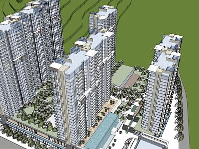 Modern High Rise Residential Buildings With Landscaped Greenery And Swimming Pool Area 3d model