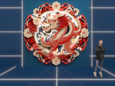 Decorative Chinese Dragon Art With Red White Flowers And Blue Background 3d model