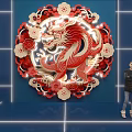 Decorative Chinese Dragon Art With Red White Flowers And Blue Background