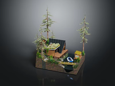 Rustic Wooden House Surrounded By Tall Pine Trees In Natural Outdoor Setting 3d model
