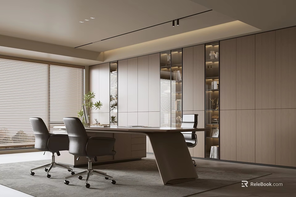 Modern Office Interior Design With Ergonomic Chairs Wooden Desk And Floor To Ceiling Windows 3d model 