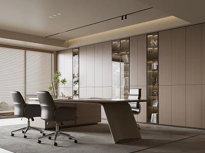 Modern Office Interior Design With Ergonomic Chairs Wooden Desk And Floor To Ceiling Windows 3d model