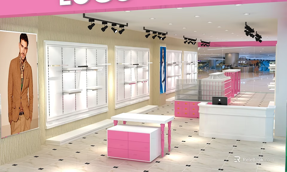 Modern Clothing Store Interior With Pink Counter White Display Racks And Lighting 3d model 