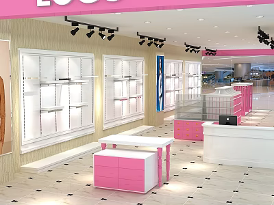 Modern Clothing Store Interior With Pink Counter White Display Racks And Lighting 3d model