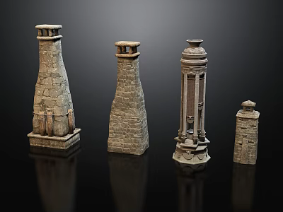 Wooden House Chimneys With Different Stone Brick Architectural Designs And Styles 3d model