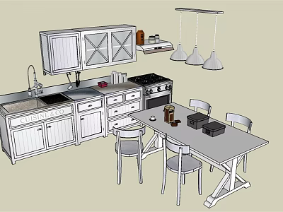 Modern Kitchen Setup With White Cabinets Stove Sink Dining Table And Chairs 3d model