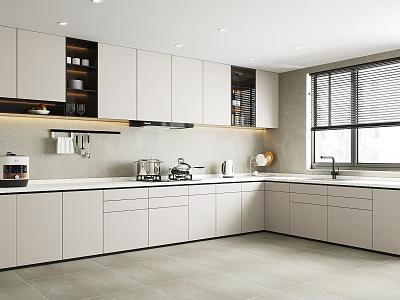 Modern Kitchen Interior Design With White Cabinets Countertop Window Blinds And Appliances 3d model