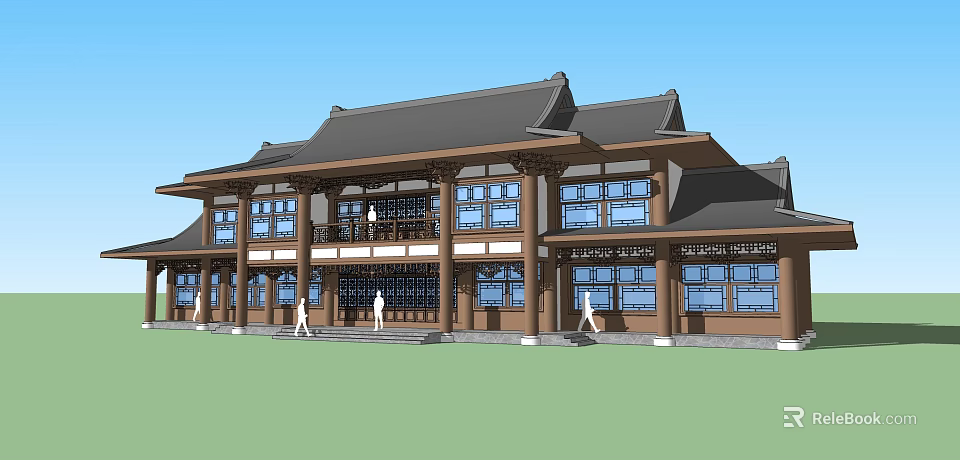 Traditional Chinese Ancient Architecture With Classic Roof Overhanging Eaves And Wooden Columns 3d model 