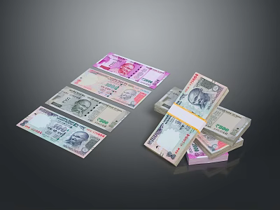 Indian Rupee Notes In Various Denominations Stacked And Scattered On Black Surface 3d model