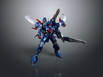 Blue Mecha Robot Action Figure With Swords Guns And Detailed Armor Design 3d model