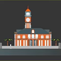 Vibrant Architectural Building Featuring Clock Tower Orange Red Facade Blue Roof Lawn And Palm Trees