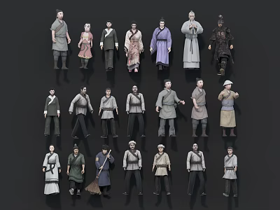 Multiple Ancient Character Models In Diverse Traditional Costumes And Various Poses 3d model