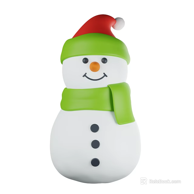 Snowman Decorative Ornament Set With Santa Hat Green Scarf Smiling Face White Body Black Buttons 3d model 