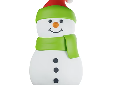 Snowman Decorative Ornament Set With Santa Hat Green Scarf Smiling Face White Body Black Buttons 3d model