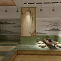 Serene Japanese Style SPA Sauna Interior With Bamboo Grille Landscape Painting And Tatami Seats