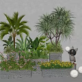 Flower Planters With Palm Trees Dracaena Pink Yellow Flowers Small Animal Figurine And White Spheres