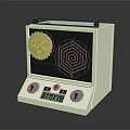 White Kitchen Appliance With Orange Gear Hexagonal Pattern And Control Panel Knobs Digital