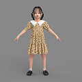Little Girl In Beige Polka Dot Dress With White Peter Pan Collar And Black Shoes