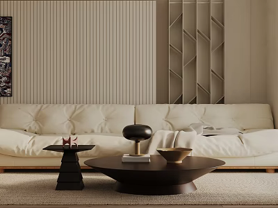 Modern White Three Seater Sofa In Living Room With Striped Wall And Coffee Table Decor 3d model