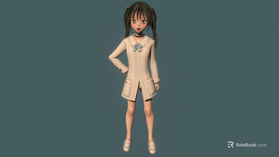 3D Model Anime Character Girl With Green Eyes Pigtails And Blue Ribbon In Beige Coat Standing Pose 3d model 