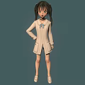 3D Model Anime Character Girl With Green Eyes Pigtails And Blue Ribbon In Beige Coat Standing Pose