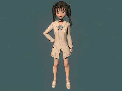 3D Model Anime Character Girl With Green Eyes Pigtails And Blue Ribbon In Beige Coat Standing Pose 3d model