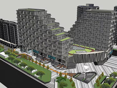 Modern Commercial Complex Featuring High Rise Buildings Greenery Plaza And Pedestrian Walkways 3d model