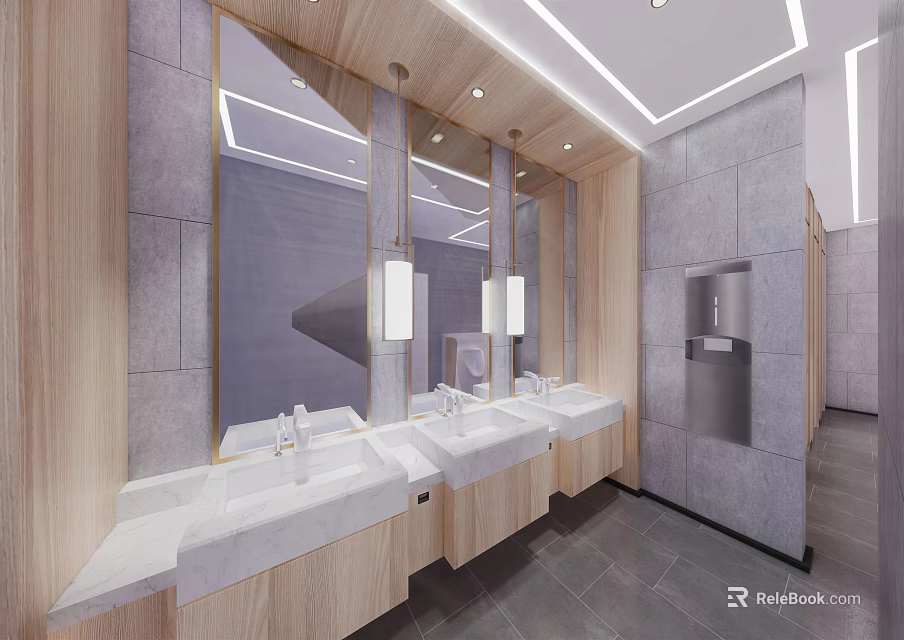 Modern Public Restroom Interior With Washbasins Mirrors Wooden Cabinets And Ceiling Lights 3d model 