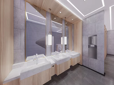 Modern Public Restroom Interior With Washbasins Mirrors Wooden Cabinets And Ceiling Lights 3d model