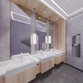 Modern Public Restroom Interior With Washbasins Mirrors Wooden Cabinets And Ceiling Lights