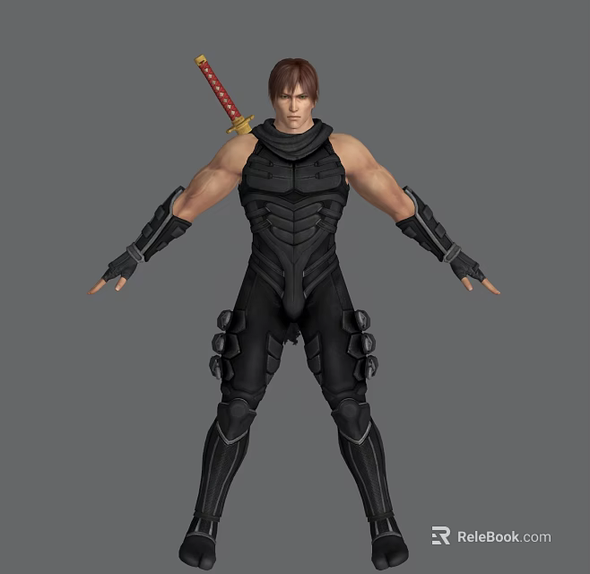 Game Movie Character In Black Combat Suit With Red Katana Sword Muscular Build Standing Pose 3d model 