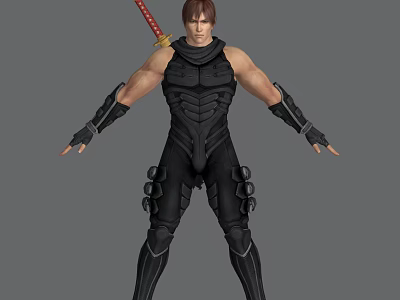 Game Movie Character In Black Combat Suit With Red Katana Sword Muscular Build Standing Pose 3d model