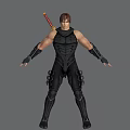Game Movie Character In Black Combat Suit With Red Katana Sword Muscular Build Standing Pose