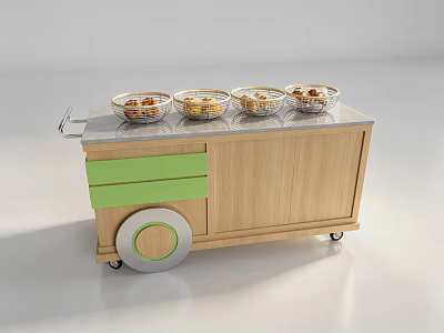 Modern Light Wooden Mobile Bakery Snack Display Cart With Metal Wire Bowls On Smooth Countertop 3d model