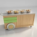 Modern Light Wooden Mobile Bakery Snack Display Cart With Metal Wire Bowls On Smooth Countertop