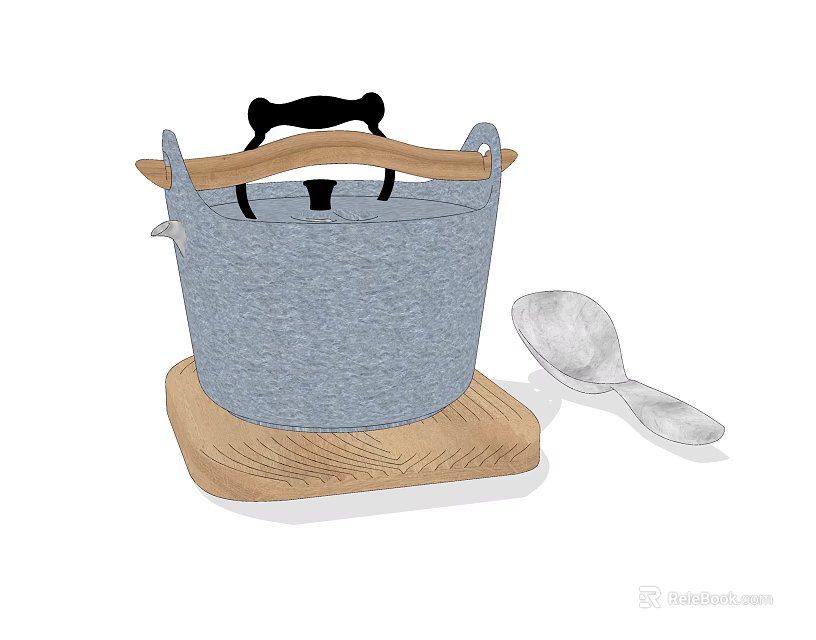 Stylish Blue Cooking Pot With Black Handle On Wooden Cutting Board And Silver Spoon 3d model 