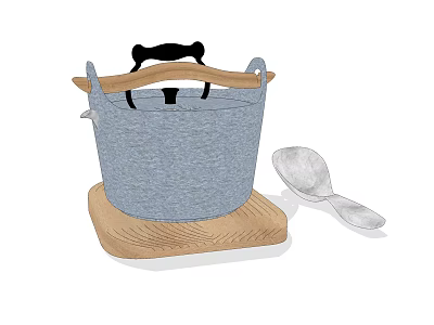 Stylish Blue Cooking Pot With Black Handle On Wooden Cutting Board And Silver Spoon 3d model