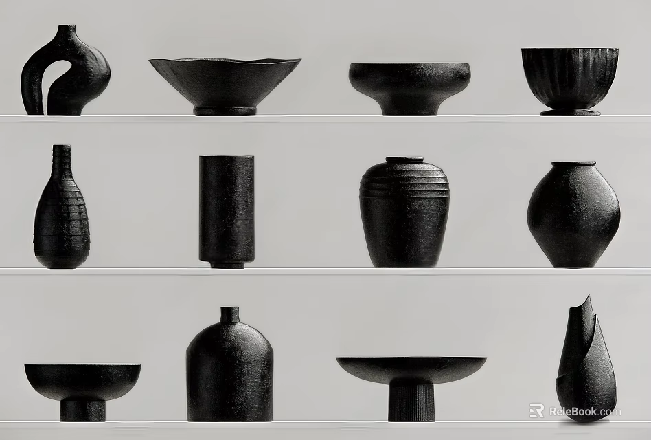 Artistic Ceramic Vessels Displayed on Shelves Featuring Various Shapes and Designs 3d model 