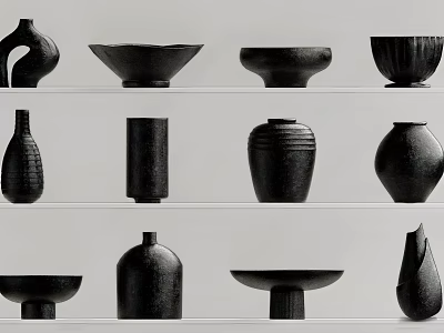 Artistic Ceramic Vessels Displayed on Shelves Featuring Various Shapes and Designs 3d model